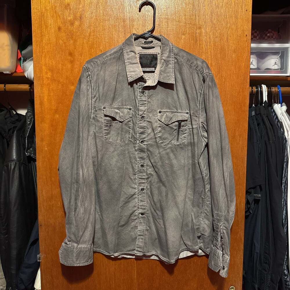 AllSaints Imako LS Long Sleeve Gray Pearl Snap Denim Shirt